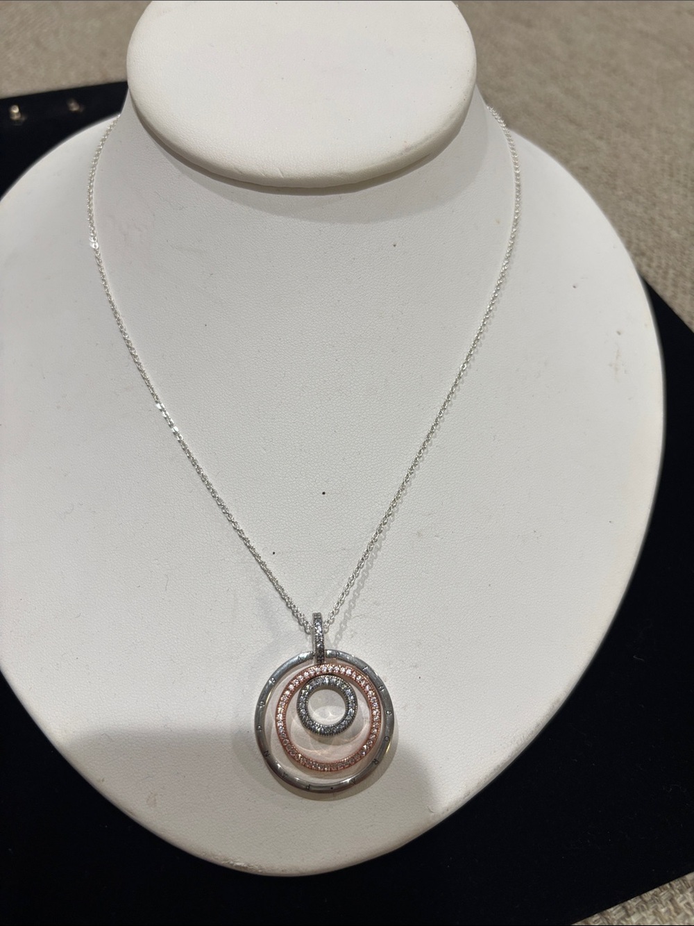Pandora Two-Tone Concentric Circle Pendant Necklace in Silver and Rose Gold